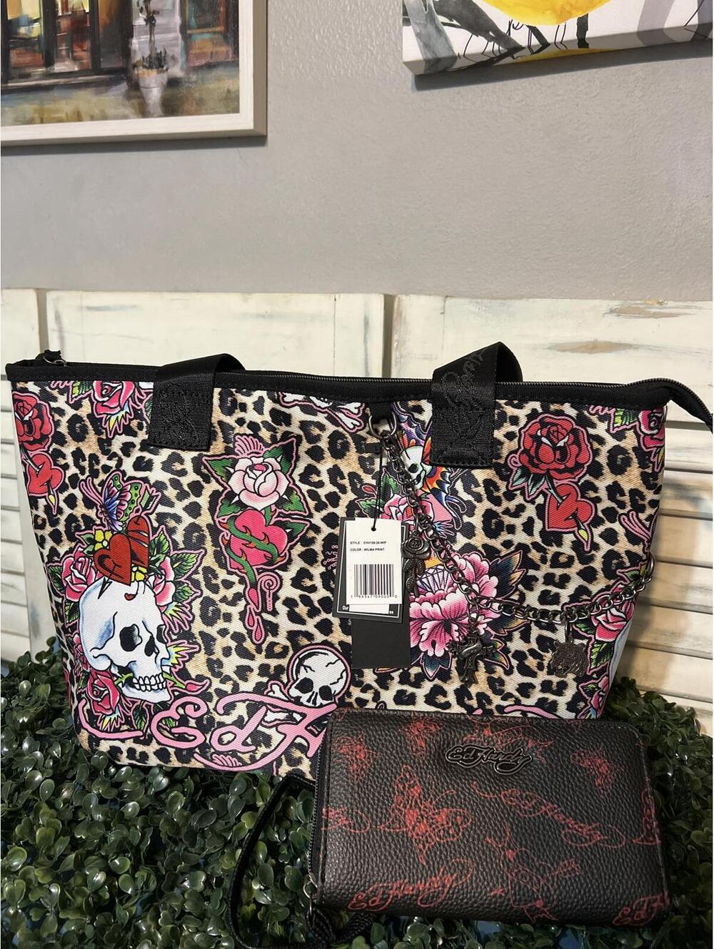 Ed Hardy Leopard Print Tote Handbag Floral Skull & wallet